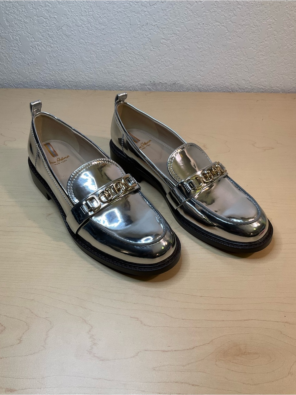 Sam Edelman Metallic Silver Chain-Trim Loafers